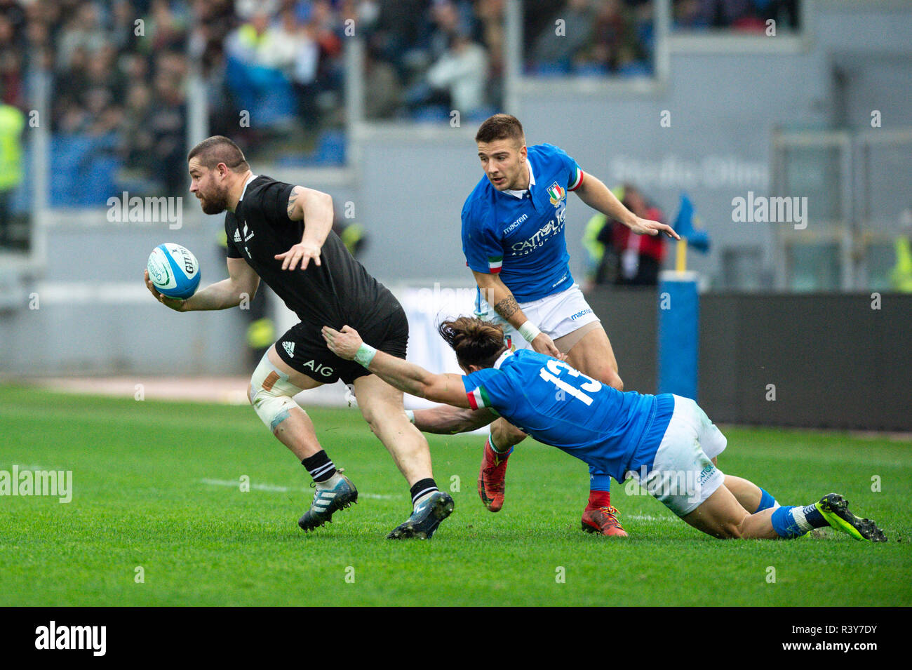 Rome, Italy. 24th Nov 2018. New Zealand's Dane Coles is challenged by Italy's Michele Campagnaro during the Autumn Internationals 2018 match between Italy and New Zealand at Stadio Olimpico, Rome, Italy on 24 November 2018. Photo by Giuseppe Maffia. Credit: UK Sports Pics Ltd/Alamy Live News Stock Photo