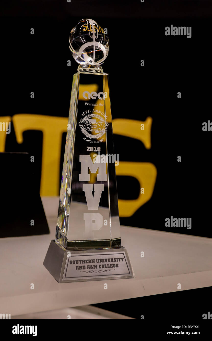 November 24, 2018: Southern University Jaguars MVP trophy before the game between the Grambling State Tigers and the Southern University Jaguars at Mercedes-Benz Superdome in New Orleans, LA. Stephen Lew/CSM Stock Photo