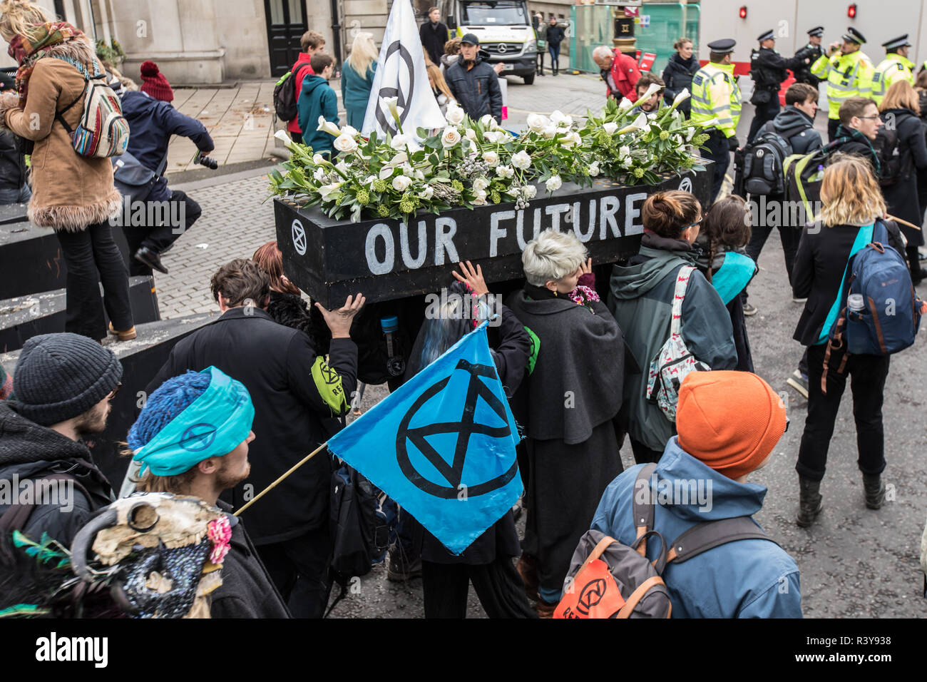 London, UK. 24th Nov 2018. 24 November, 2018. London,UK. 'Extinction Rebellion' climate protesters demonstrated in central London with a funeral procession which included a sit down outside Downing Street and a march to Buckingham Palace. David Rowe/ Alamy Live News. Stock Photo