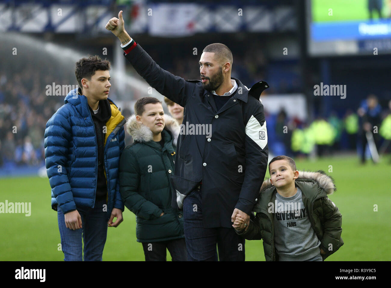 Liverpool, UK. 24th Nov 2018. Boxer Tony Bellew and his kids on the Goodison pitch. Premier League match, Everton v Cardiff city at Goodison Park in Liverpool on Saturday 24th November 2018.  this image may only be used for Editorial purposes. Editorial use only, license required for commercial use. No use in betting, games or a single club/league/player publications. pic by Chris Stading/Andrew Orchard sports photography/Alamy Live news Stock Photo