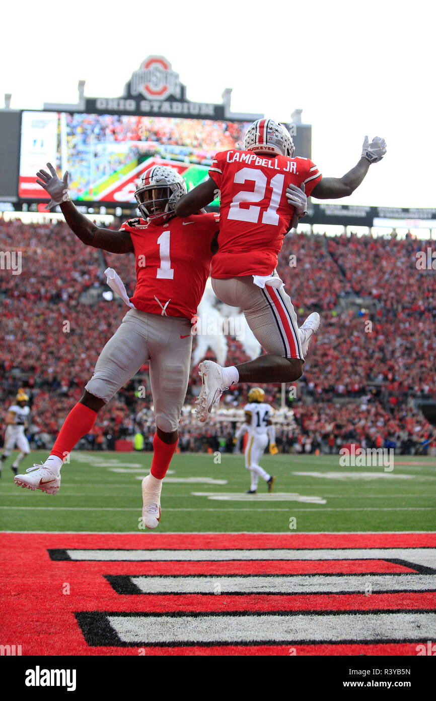 Columbus, Ohio, USA. 24th Nov, 2018. Ohio State Buckeyes wide receiver Parris  Campbell (21) celebrates his touchdown with teammate Johnnie Dixon (1) at  the NCAA football game between the Michigan Wolverines &