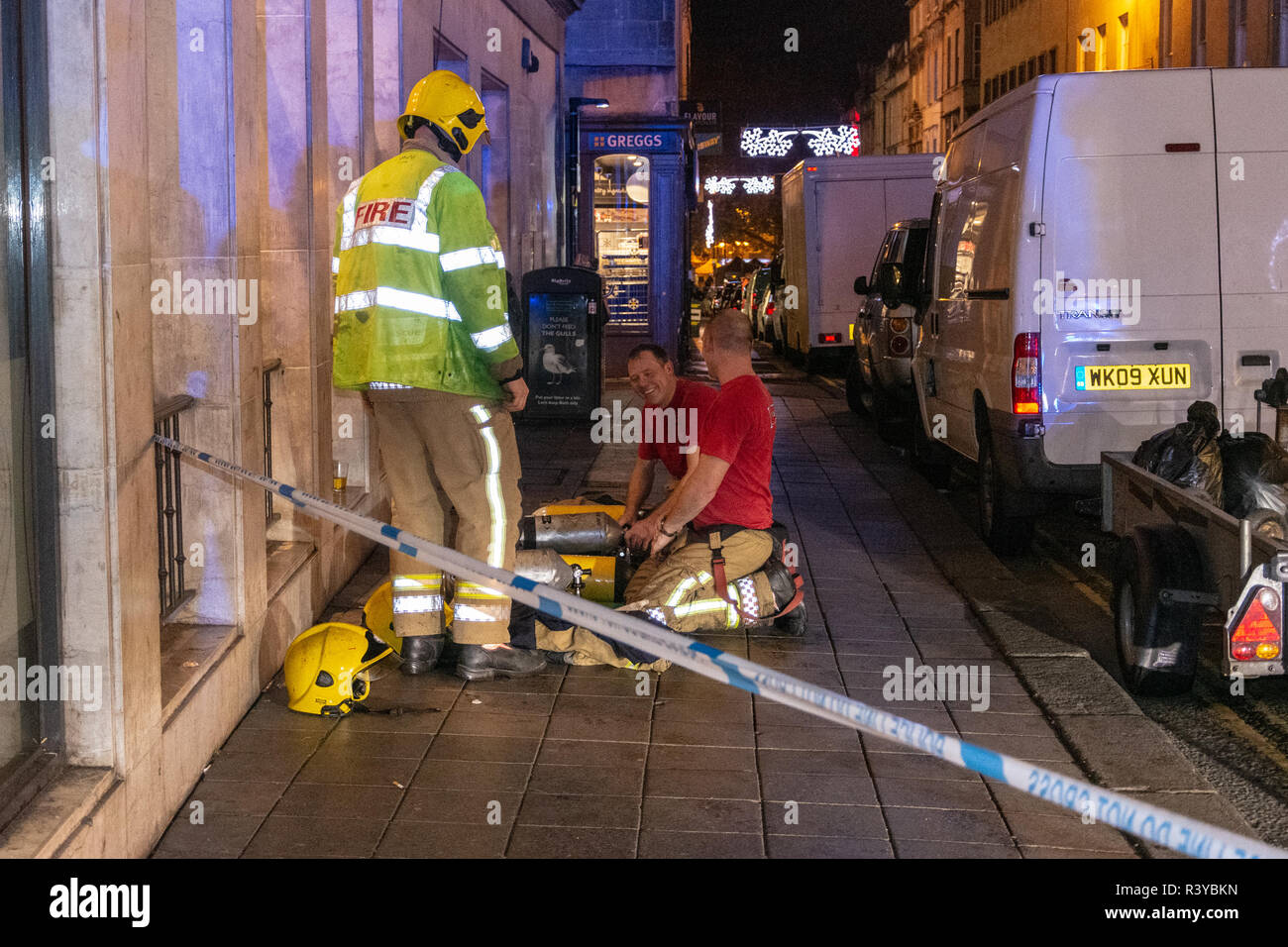 Bath Somerset UK, 24th November 2018  Fire crew tackling down after succcessfully dealing with a fire at westgate public house bath somerset  Credit Estelle Bowden/Alamy Live News Stock Photo