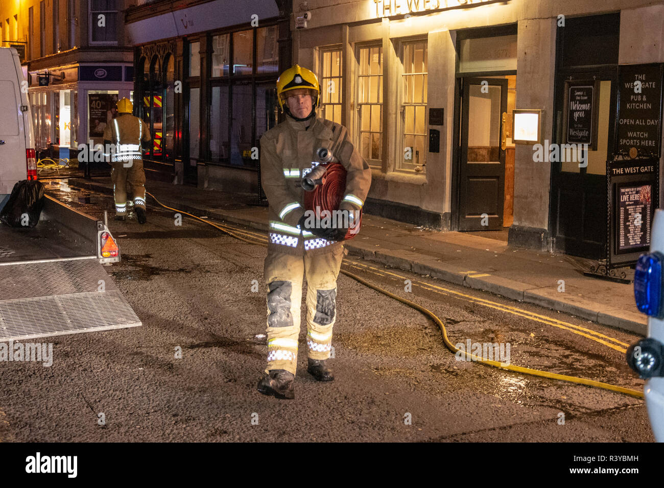 Bath Somerset UK, 24th November 2018  Fire crew preparing to enter the Wesgate Public house in Bath in response to fire  Credit Estelle Bowden/Alamy Live News Stock Photo