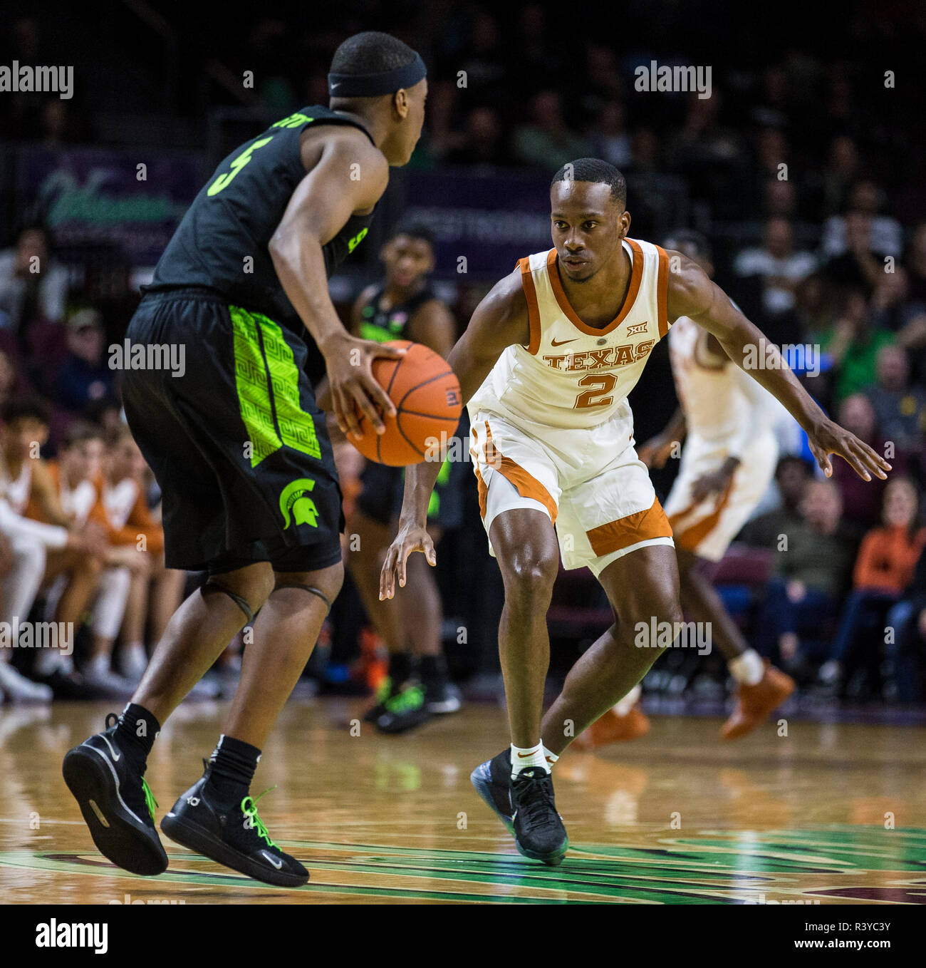 Nov 23 2018 Las Vegas, NV U.S.A. Texas Longhorns guard Matt Coleman III (2) brings the ball up court during the NCAA Men's Basketball Continental Tire Las Vegas Invitational between Texas Longhorns and the Michigan State Spartans 68-78 lost at The Orleans Arena Las Vegas, NV. Thurman James/CSM Stock Photo