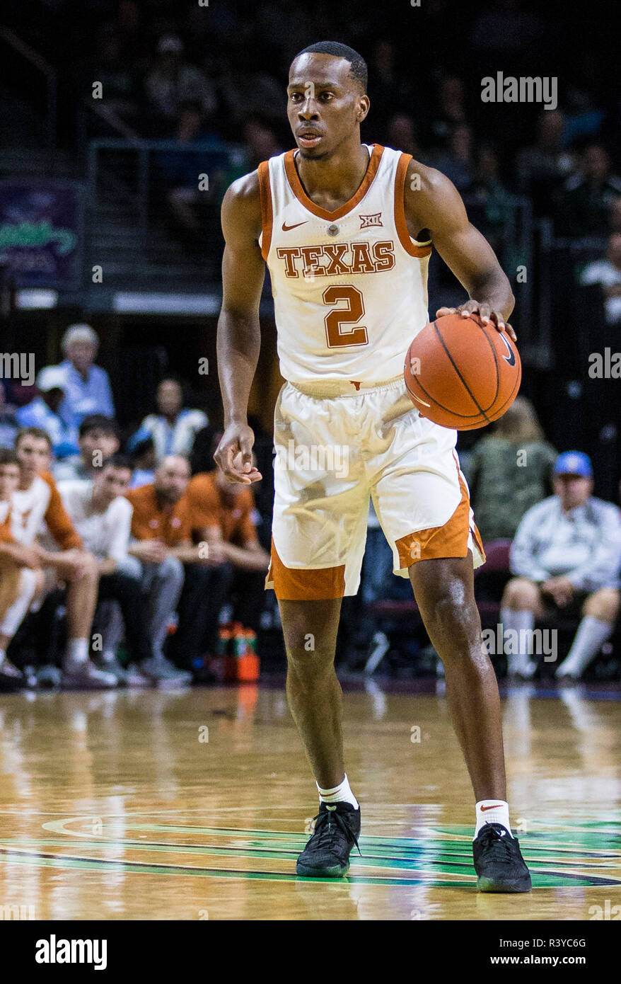 Nov 23 2018 Las Vegas, NV U.S.A. Texas guard Matt Coleman III (2) brings the ball up court during the NCAA Men's Basketball Continental Tire Las Vegas Invitational between Texas Longhorns and the Michigan State Spartans 68-78 lost at The Orleans Arena Las Vegas, NV. Thurman James/CSM Stock Photo