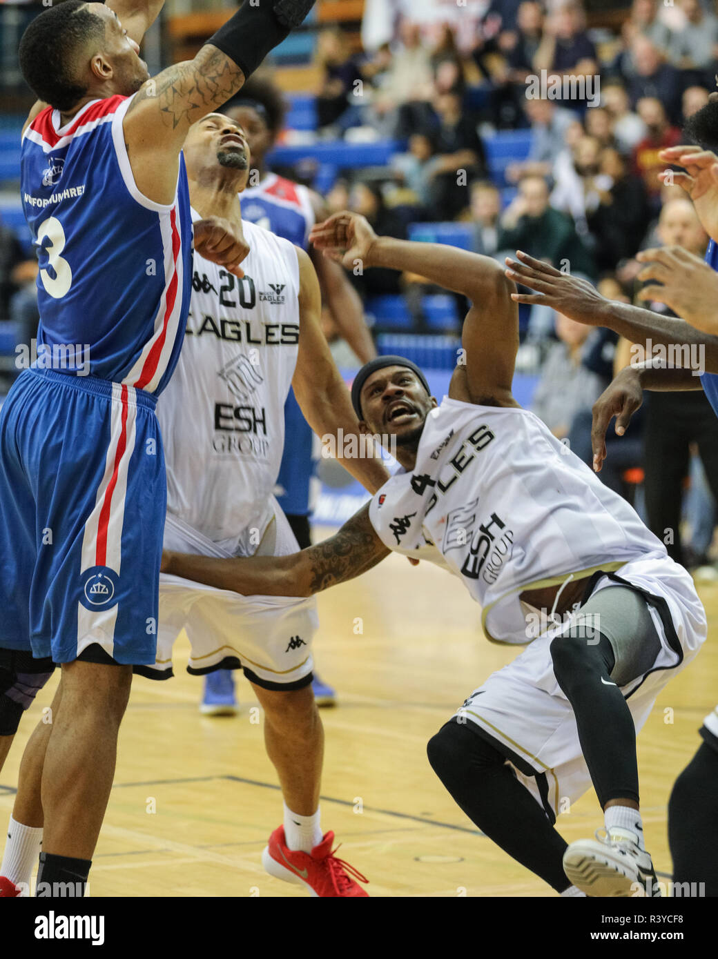 Crystal Palace Sports Centre, London, 24th Nov 2018. Eagles' Jeremy Smith  (4) on the attack. Tensions run high in the British Basketball League (BBL)  Championship game between hosts London City Royals and