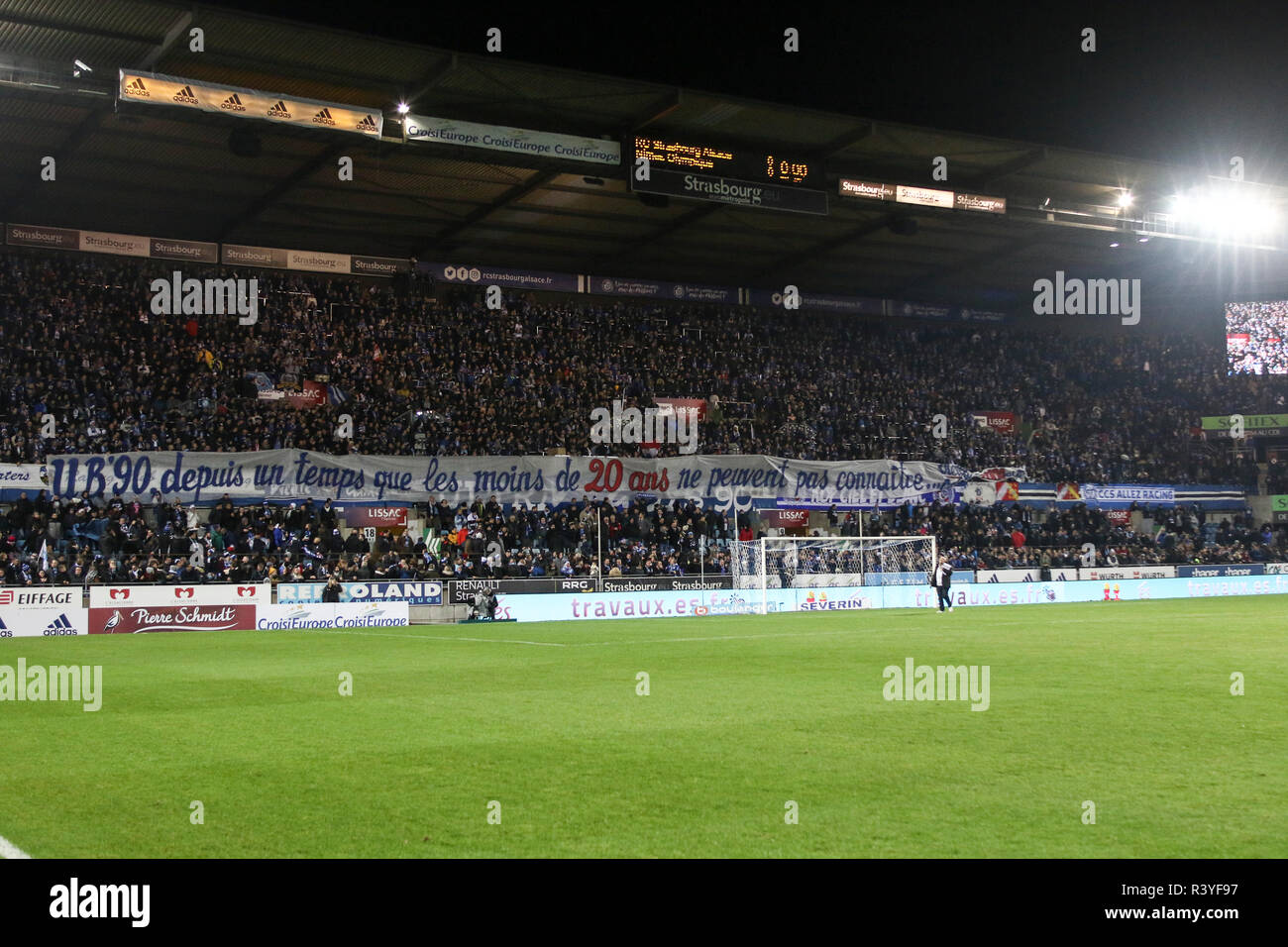 A view of the field during the French L1 football match between Strasbourg (RCSA) and Nimes (NO) at the Meinau Stadium in Strasbourg, eastern France. Score 0:1 Stock Photo