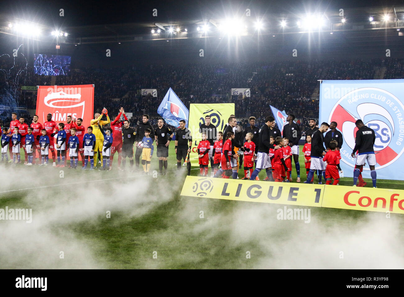 Players seen during the French L1 football match between Strasbourg (RCSA) and Nimes (NO) at the Meinau Stadium in Strasbourg, eastern France. Score 0:1 Stock Photo