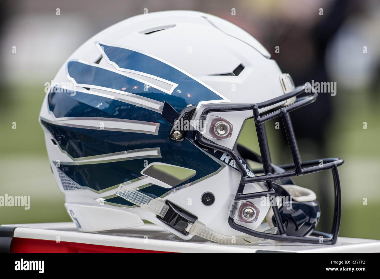 Houston, TX, USA. 24th Nov, 2018. A white Rice Owls helmet with a blue owl wing logo sits on the sideline during the 3rd quarter of an NCAA football game between the Old Dominion Monarchs and the Rice Owls at Rice Stadium in Houston, TX. Rice won the game 27 to 13.Trask Smith/CSM/Alamy Live News Stock Photo