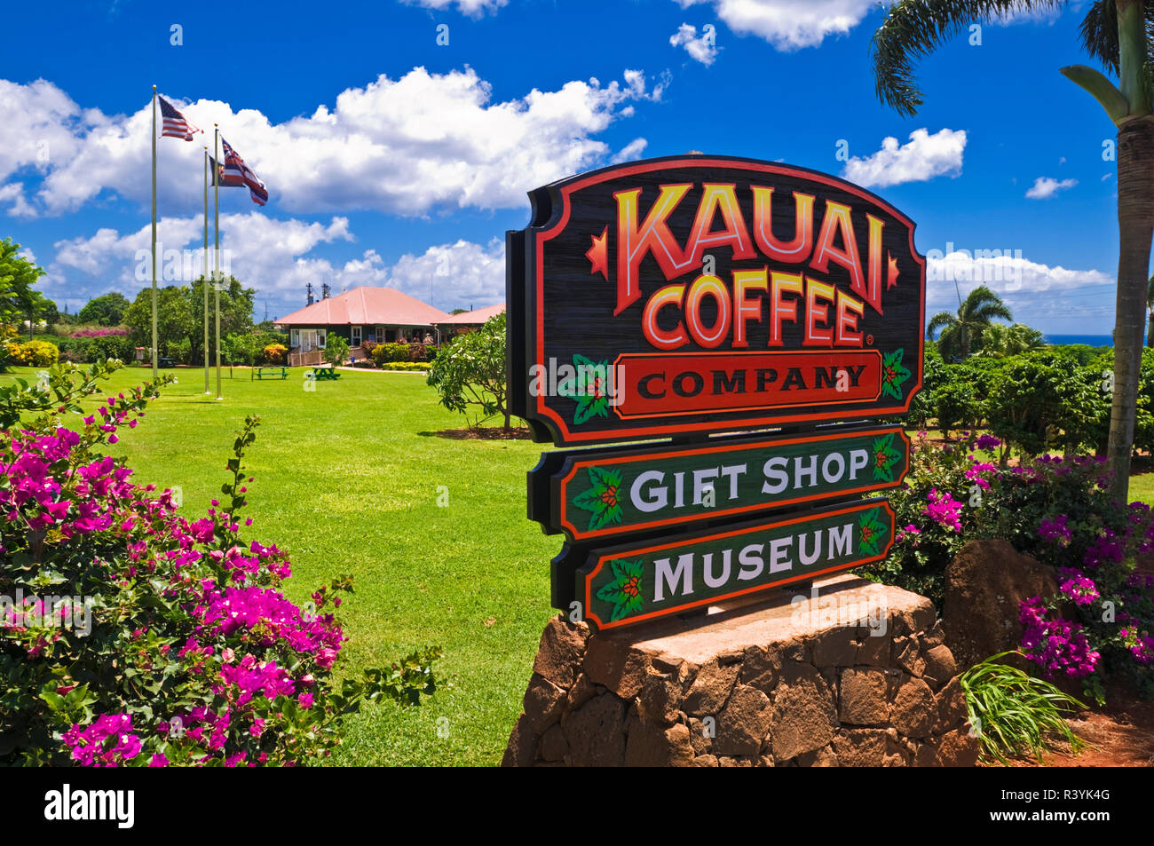 Sign and visitor center at the Kauai Coffee Company. Island of Kauai