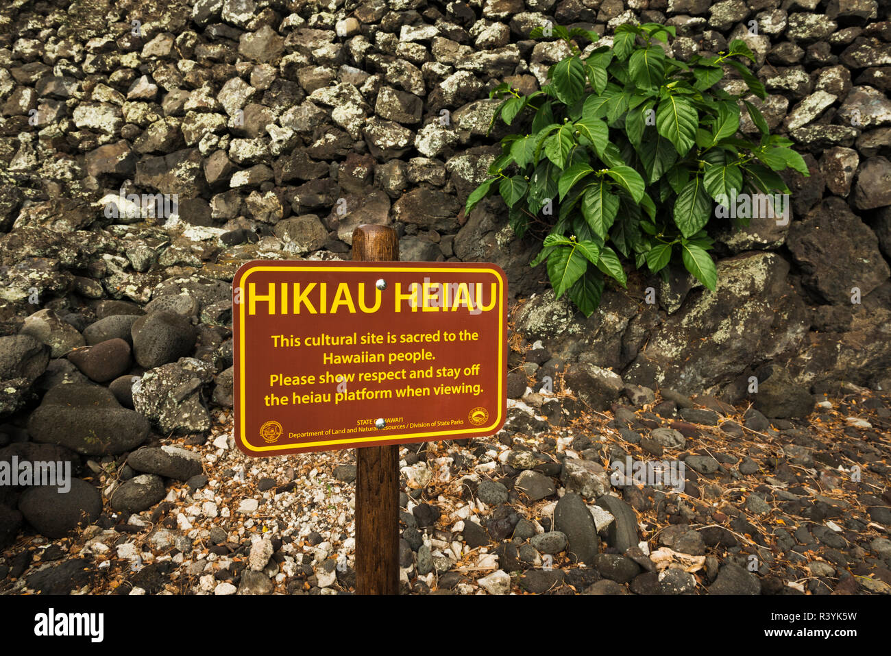 Hikiau Heiau (Hawaiian temple) at Kealakekua Bay, Napoopoo, The Big Island, Hawaii, USA (For Editorial Use Only) Stock Photo