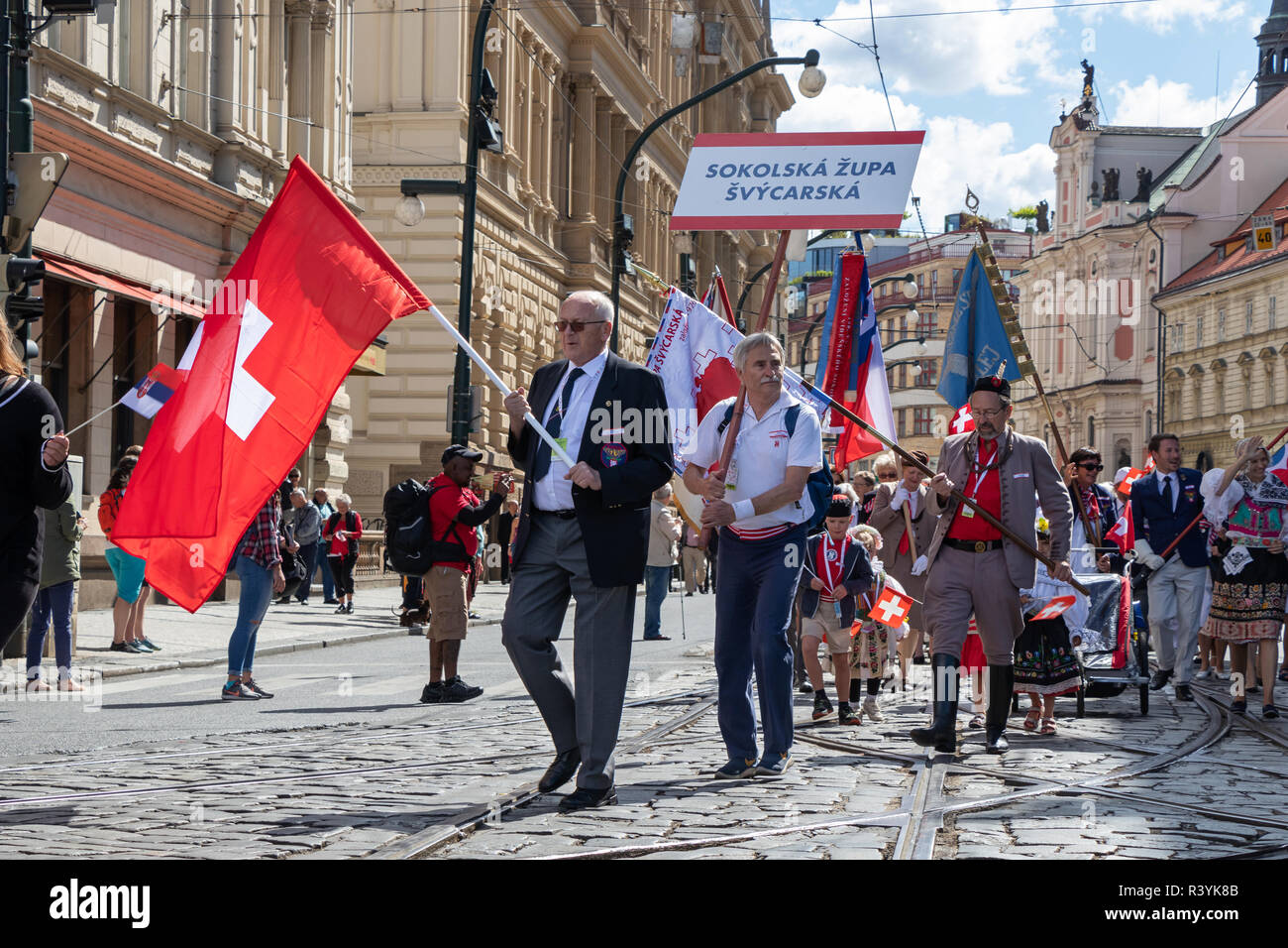 PRAGUE, CZECH REPUBLIC - JULY 1, 2018: Swiss visitors parading at Sokolsky Slet, a once-every-six-years gathering of the Sokol movement - a Czech spor Stock Photo