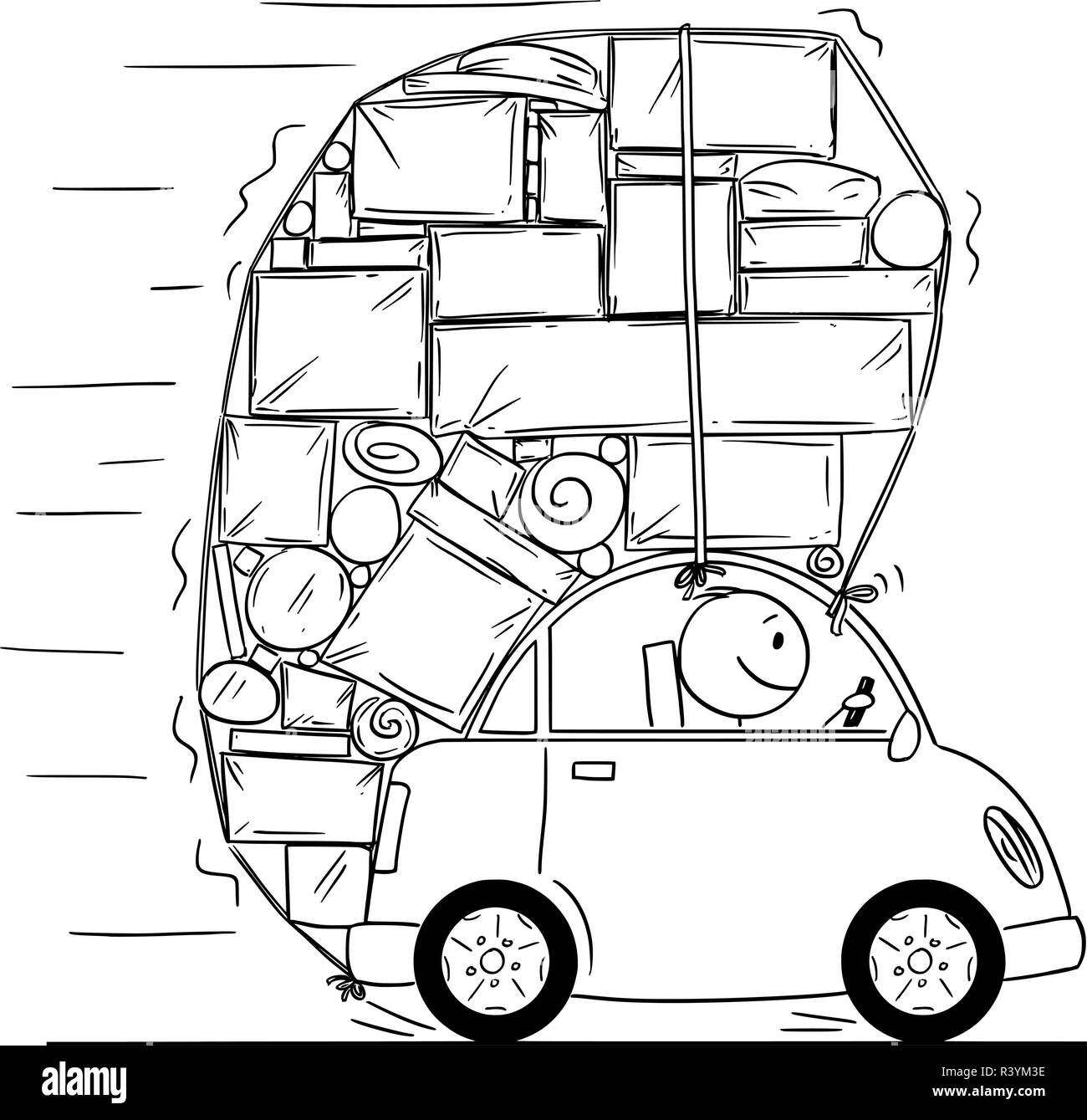Cartoon Drawing of Car Overloaded by Boxes and Another Objects Stock Vector