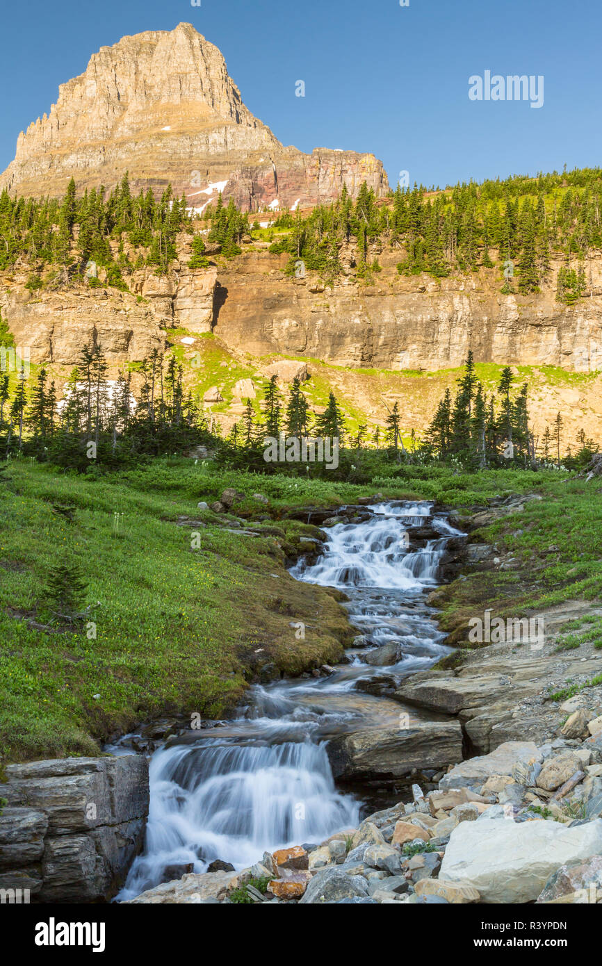 USA, Montana, Glacier National Park. Clements Peak and Logan Creek landscape. Stock Photo