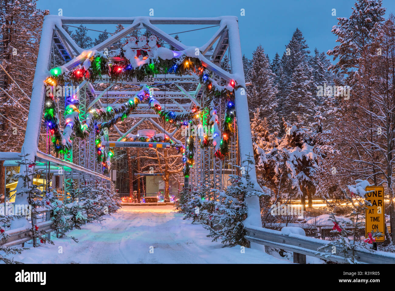 Christmas decorations adorn the historic one lane Swan River Bridge in