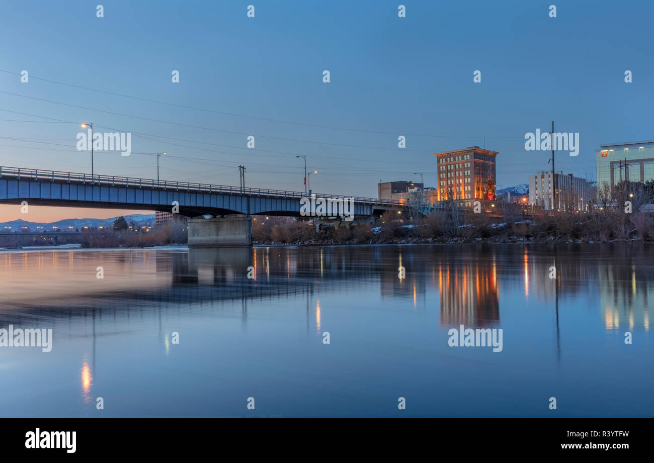 Downtown from the south side of the Clark Fork River in Missoula, Montana, USA Stock Photo
