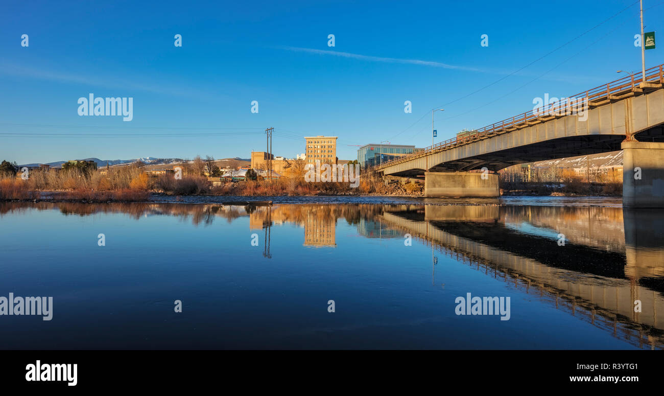 Panoramic of downtown from the south side of the Clark Fork River in Missoula, Montana, USA Stock Photo