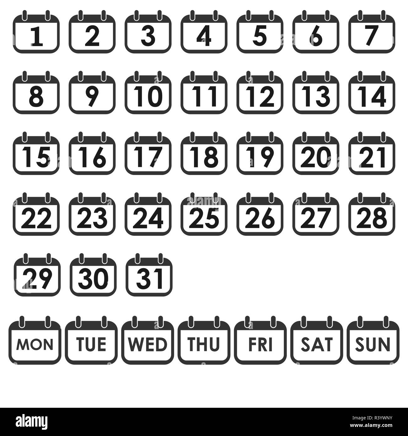 Vector illustration, flat design. Calendar day icon set, number on calendar page Stock Vector