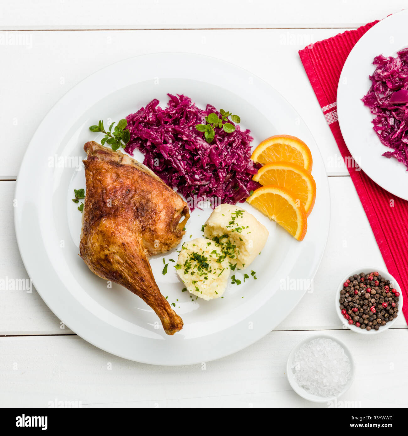 duck with dumplings and red cabbage Stock Photo Alamy