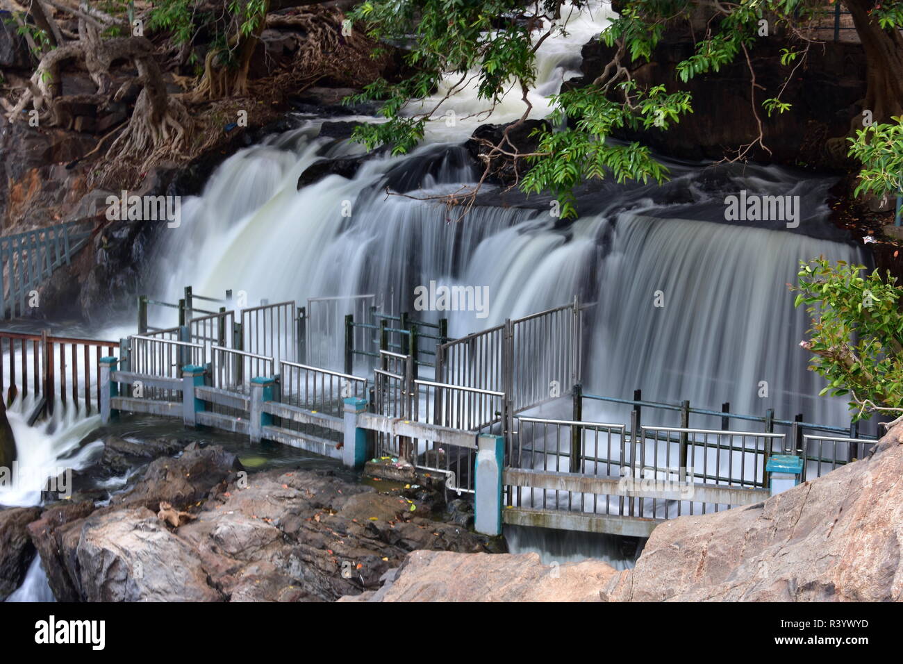 Hogenakkal Falls in TamilNadu Bathing Stock Photo