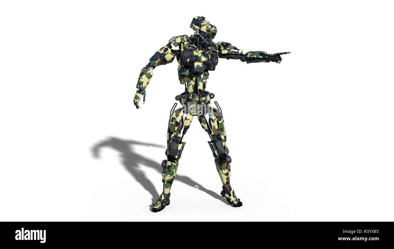 Army robot, armed forces cyborg pointing, military android soldier isolated on white background, 3D rendering Stock Photo