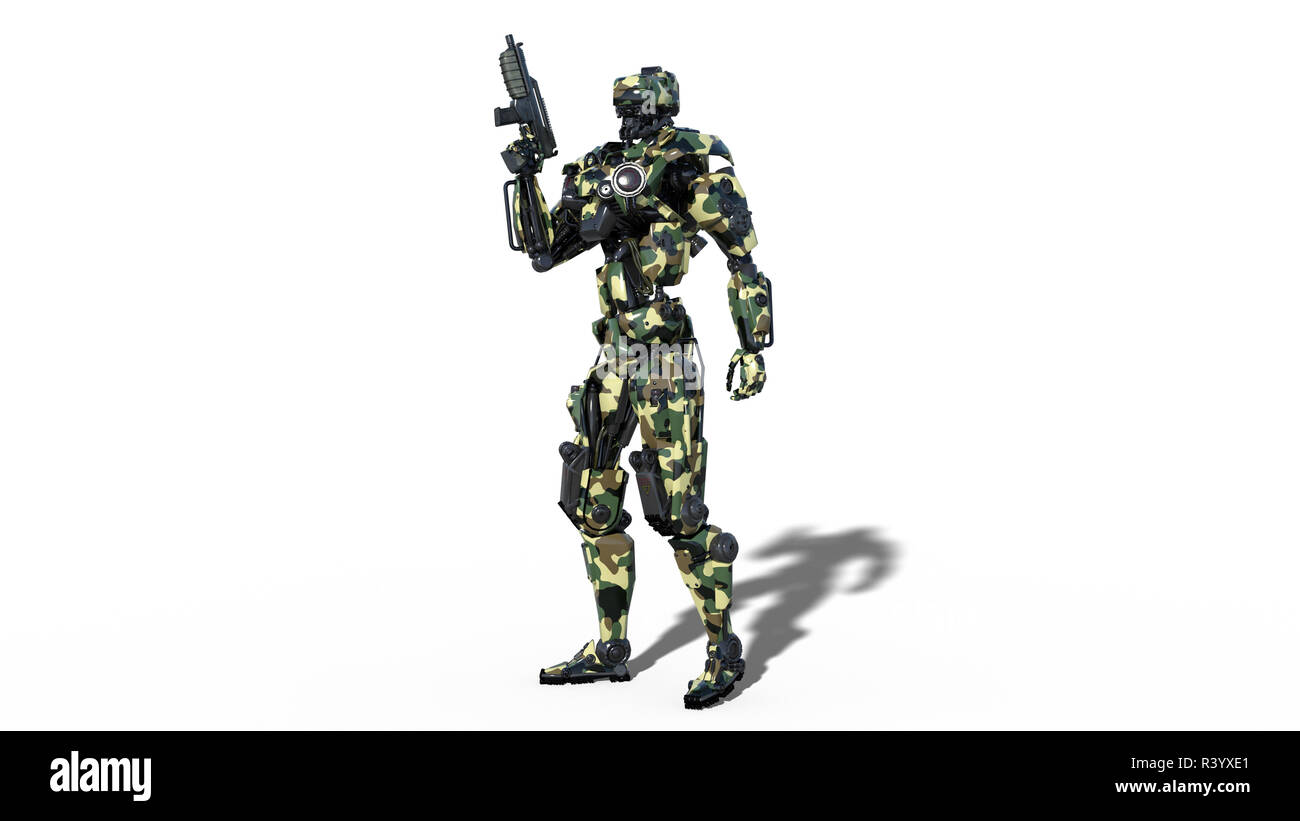 Army robot, armed forces cyborg, military android soldier armed with gun isolated on white background, 3D rendering Stock Photo