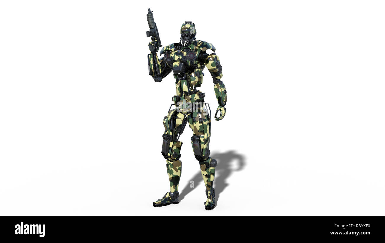 Army robot, armed forces cyborg, military android soldier holding gun isolated on white background, 3D rendering Stock Photo