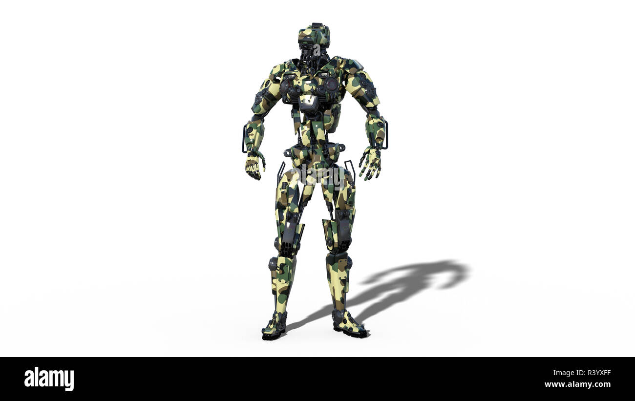 Army robot, armed forces cyborg, military android soldier isolated on white background, 3D rendering Stock Photo