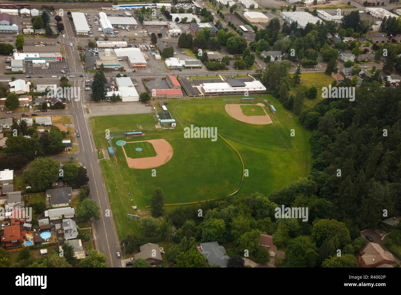 USA, Oregon, Salem, aerial view of baseball diamonds. Stock Photo