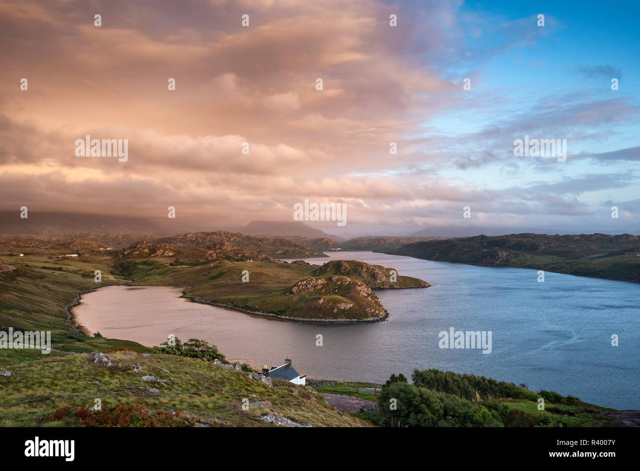 Cloud atmosphere over the sea inlet Loch Inchard, Kinlochbervie, Sutherland, North-West Highlands, Scotland, United Kingdom Stock Photo