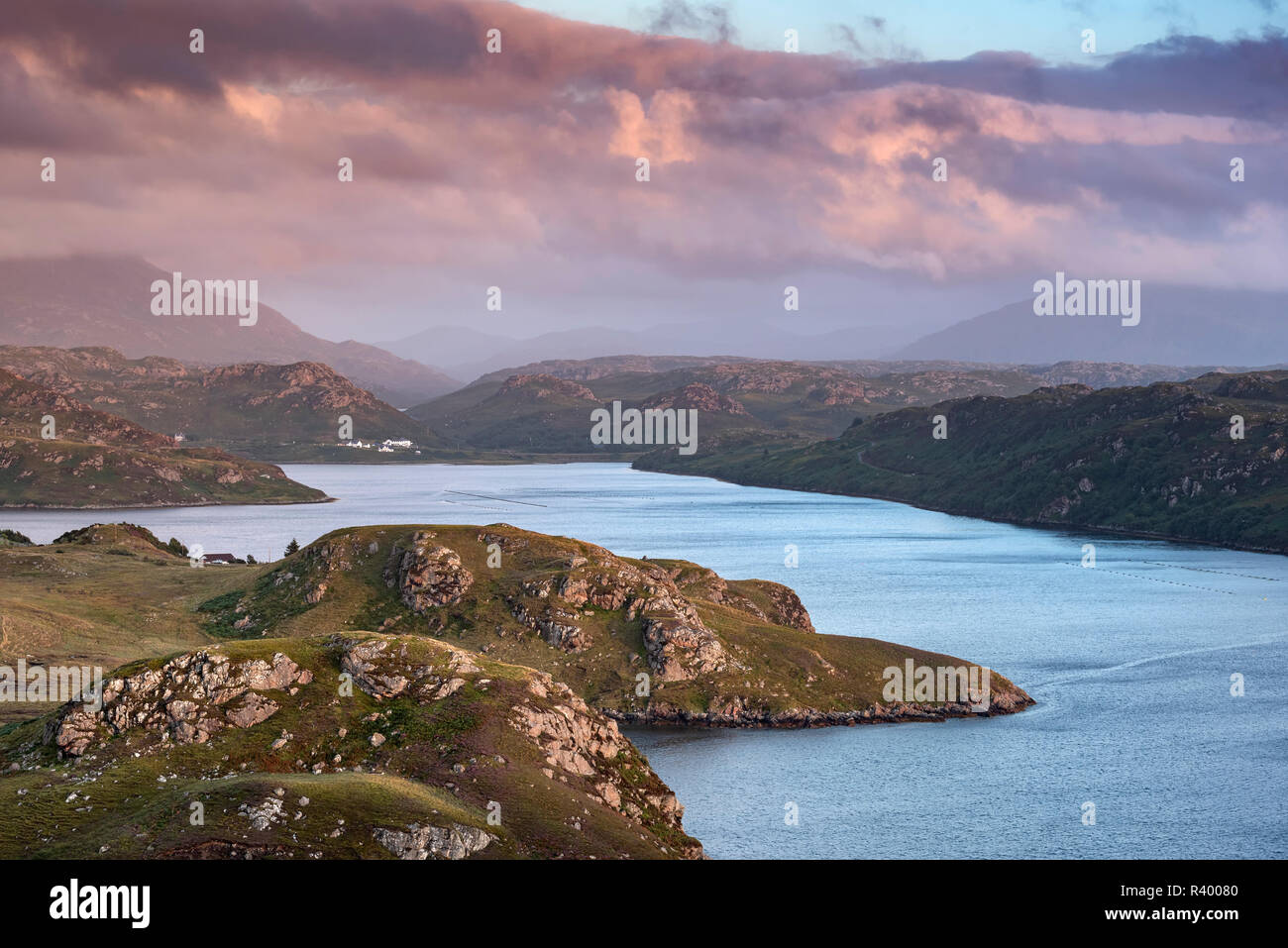 Cloud atmosphere over the sea inlet Loch Inchard, Kinlochbervie, Sutherland, North-West Highlands, Scotland, United Kingdom Stock Photo
