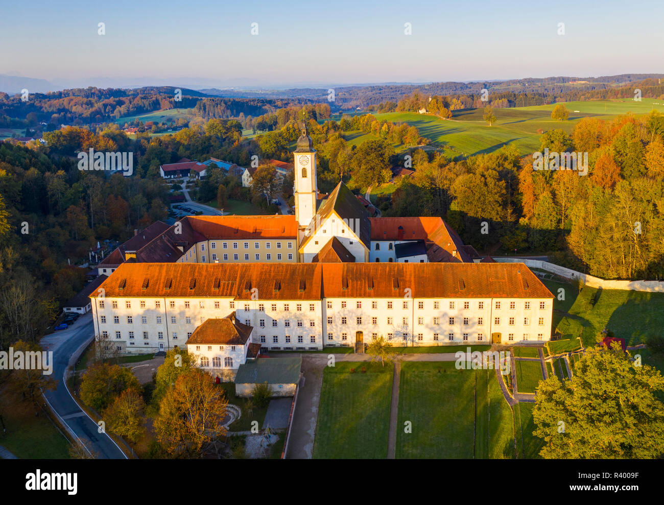 Dietramszell Monastery, Dietramszell, drone shot, Tölzer Land, Upper Bavaria, Bavaria, Germany Stock Photo