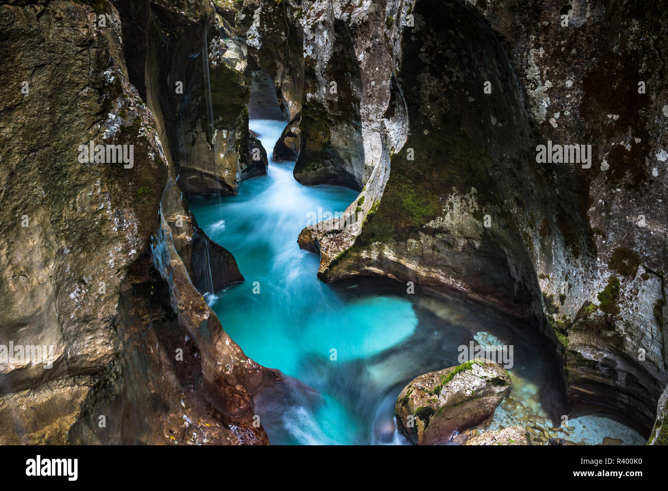 River Soca flows through narrow canyon, Soca Valley, Triglav National Park, Bovec, Slovenia Stock Photo
