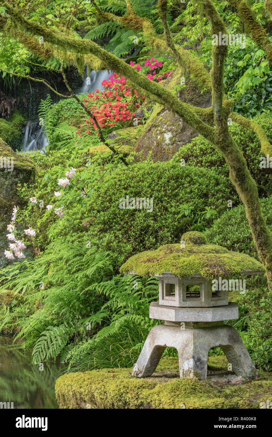 Stone lantern, Portland Japanese Garden, Oregon. Stock Photo