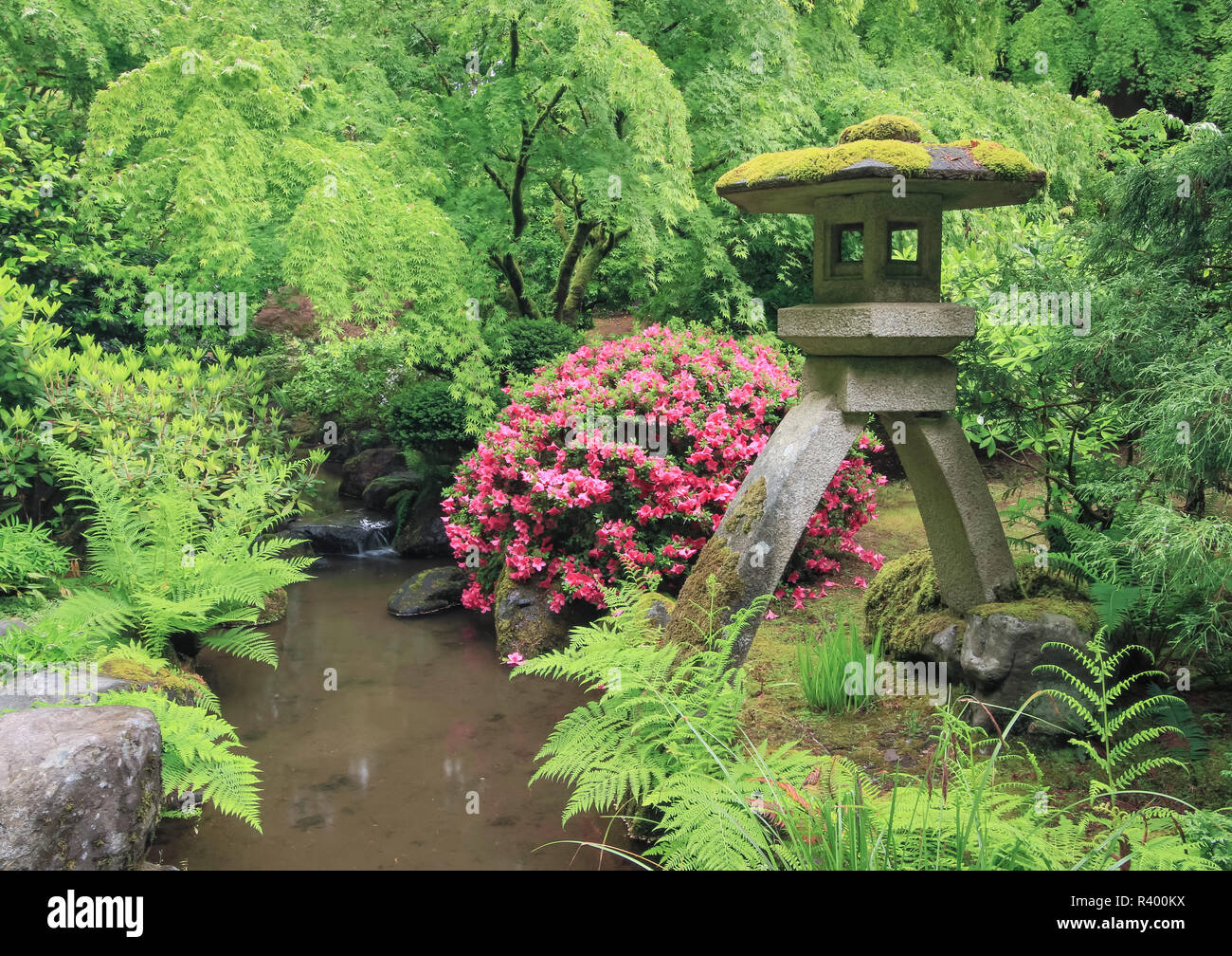 Harp stone lantern, Portland Japanese, Garden, Oregon Stock Photo Alamy