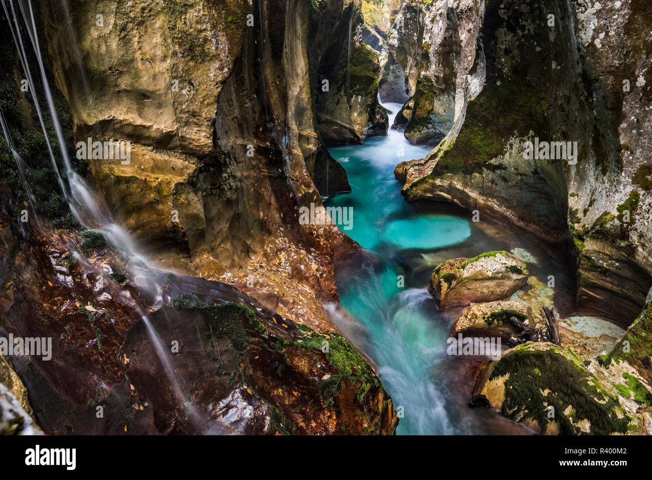 River Soca flows through narrow canyon, Soca Valley, Triglav National Park, Bovec, Slovenia Stock Photo