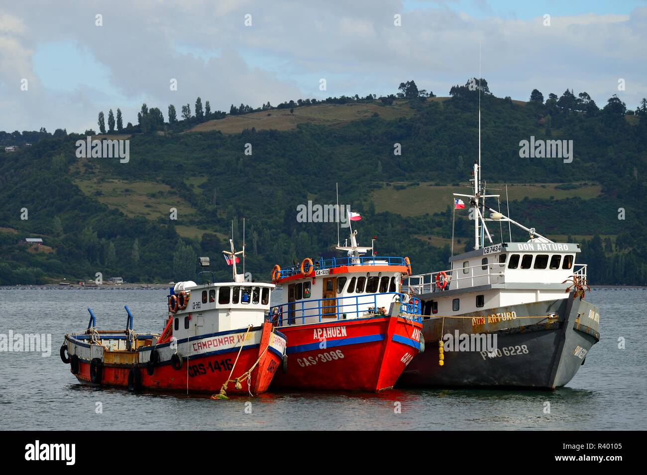 Fishing boats anchoring in the bay, Castro, island Chiloé, Chile Stock Photo