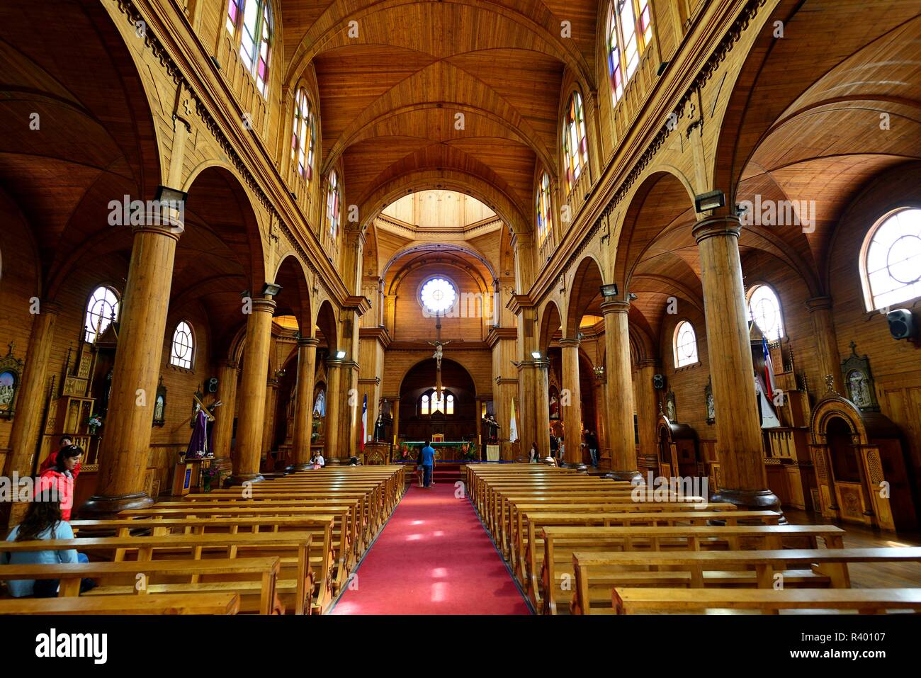 Interior of the wooden church Iglesia de San Francisco, UNESCO World Heritage Site, Castro, Chiloé Island, Chile Stock Photo