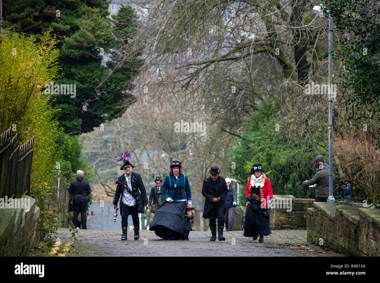Steampunks during the Haworth Steampunk Weekend, as hundreds of Steampunks descend on the quite village of Haworth in the Pennine hills of West Yorkshire, England. Stock Photo