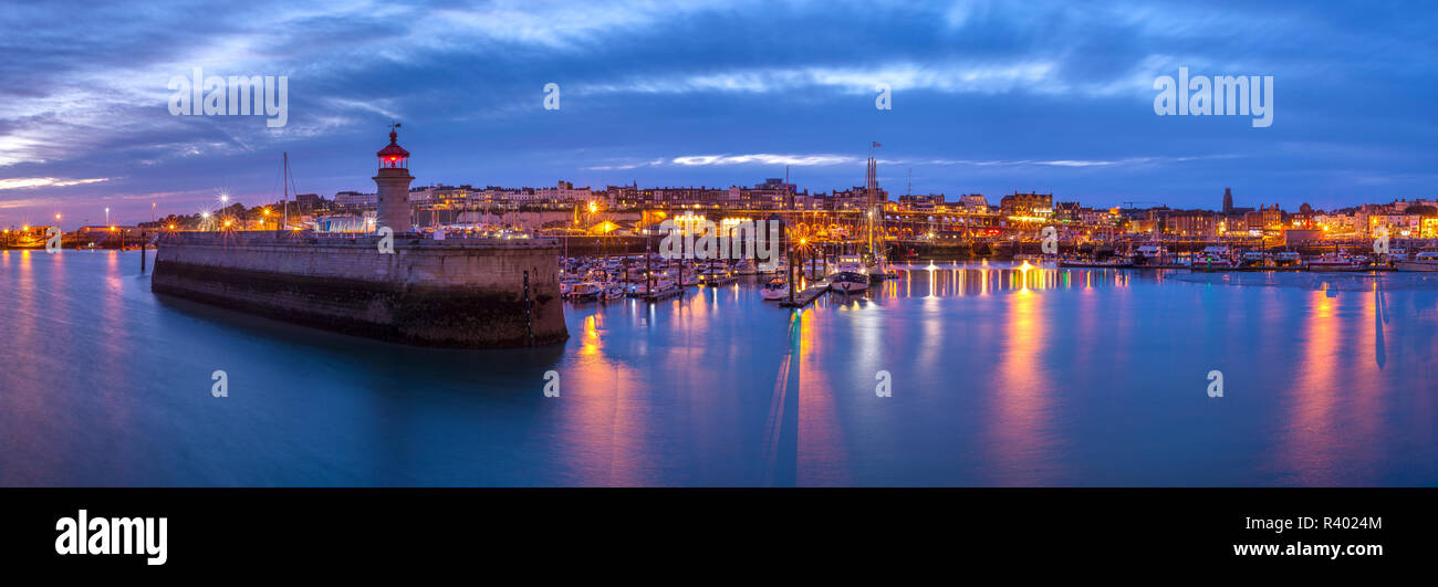 Panoramic view of Ramsgate harbour and marina at dusk. Stock Photo