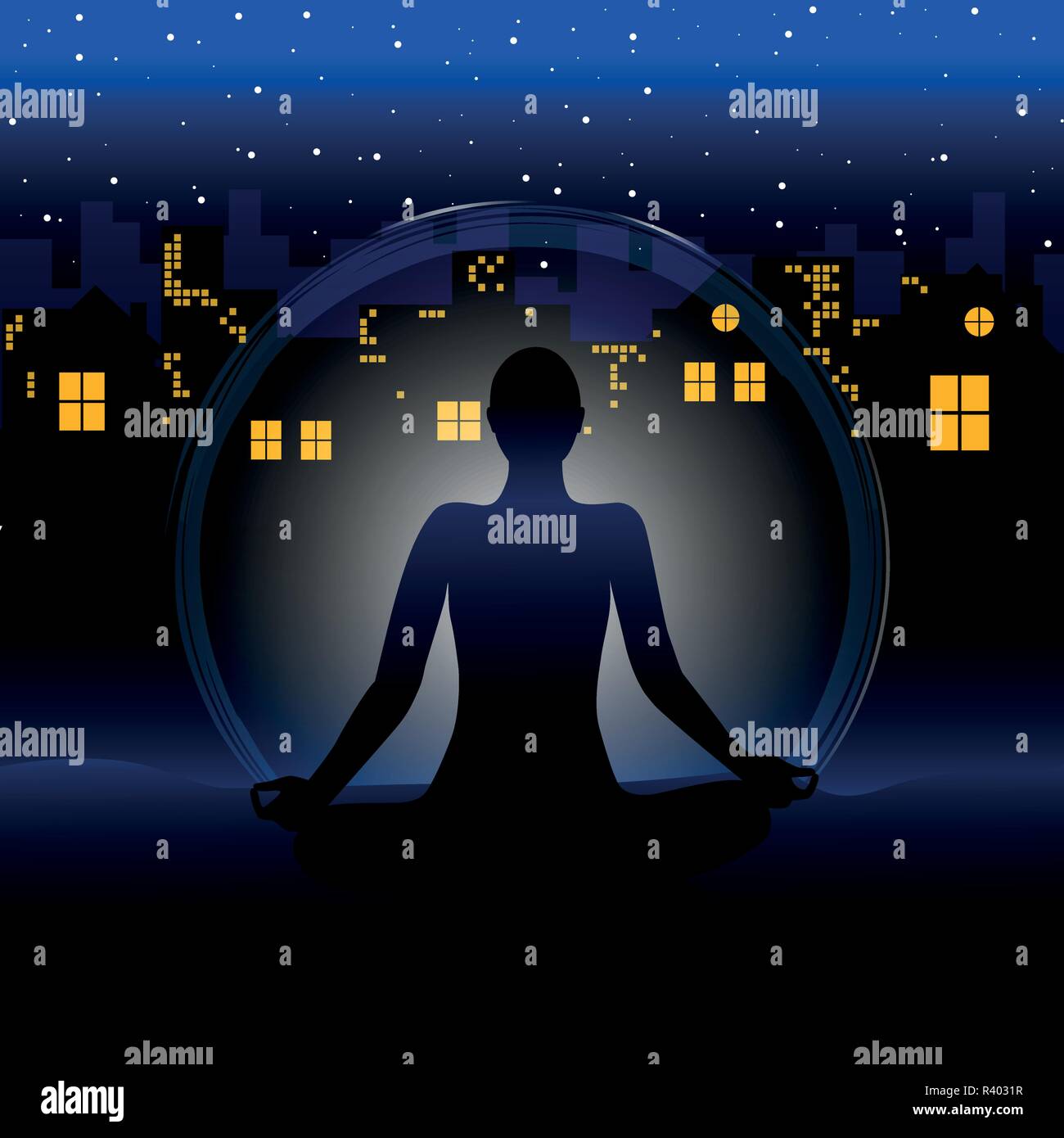 meditation at night sky city view vector illustration EPS10 Stock Vector