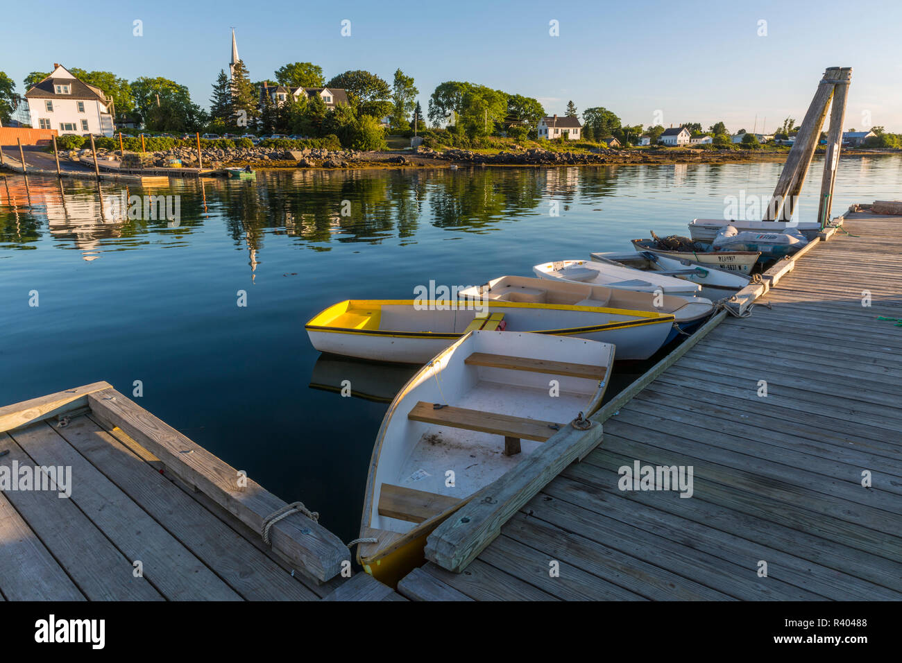 Skiffs at the town docks in Jonesport, Maine. Stock Photo