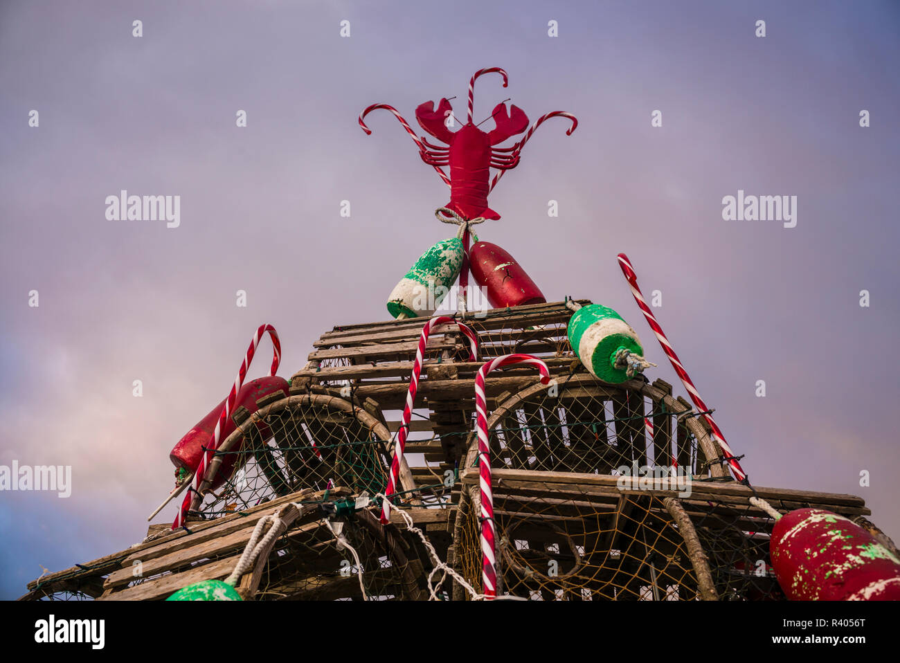 USA, Maine, York Beach, Christmas Tree made of lobster traps and topped