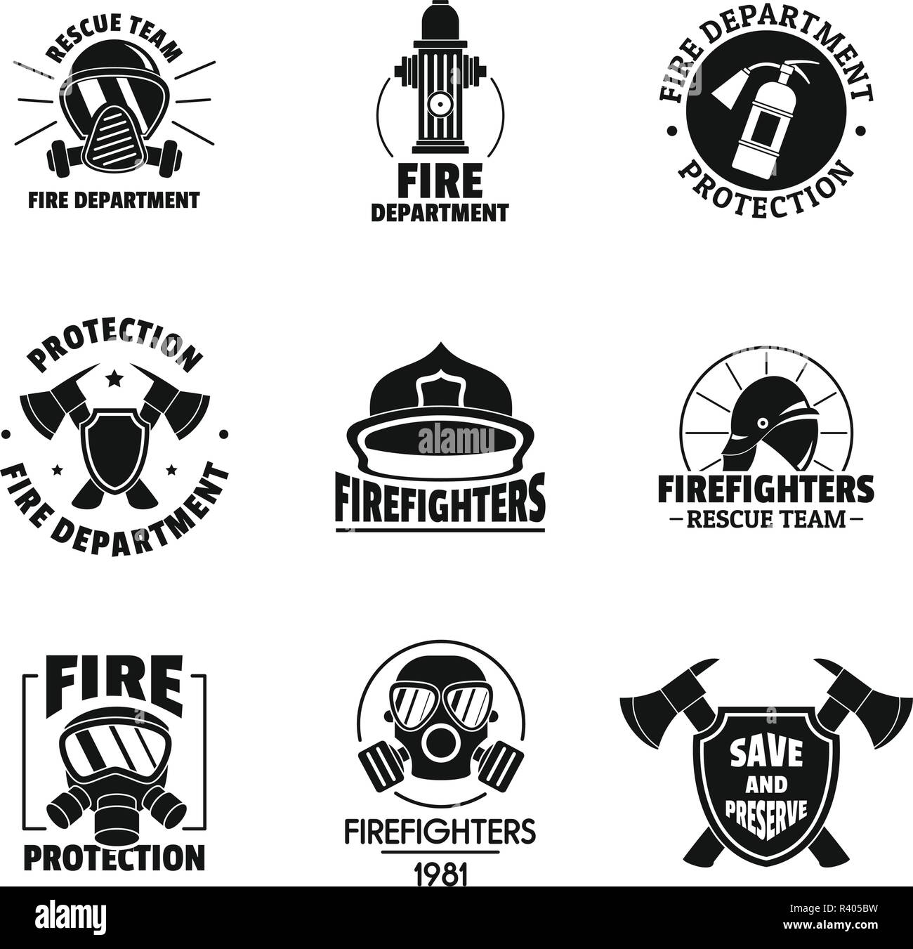 Fire fighter logo icons set. Simple illustration of 16 fire fighter vector icons for web Stock Vector