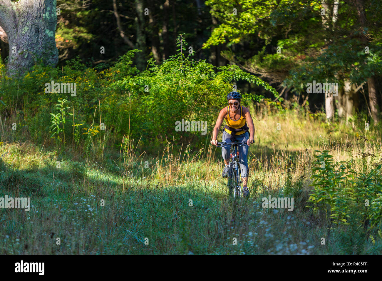 A woman riding her mountain bike on Sagamore Hill in Hamilton, Massachusetts. (MR Stock Photo