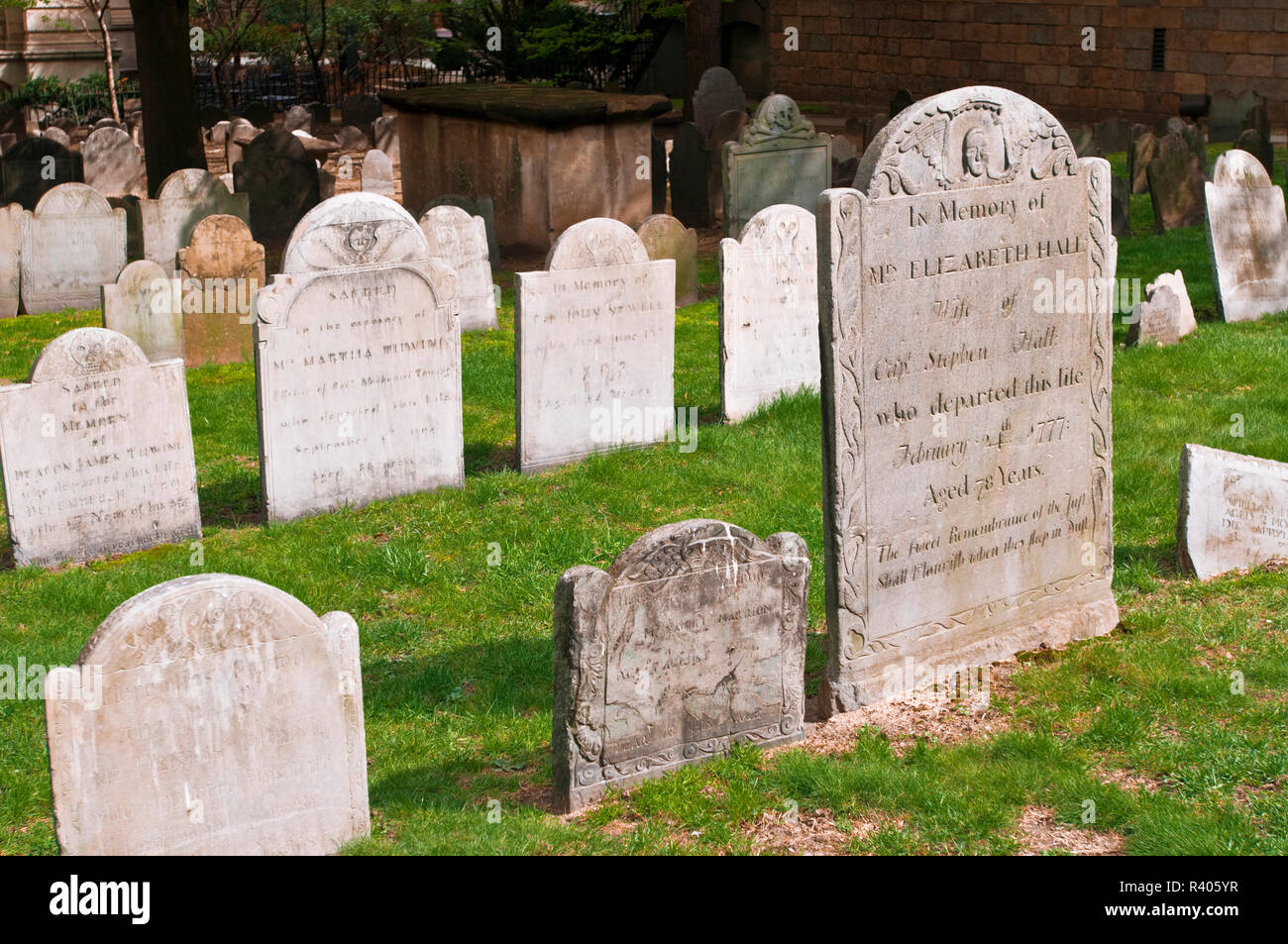 Tombstones at Kings Chapel Burial Ground on the Freedom Trail, Boston, Massachusetts, USA Stock Photo