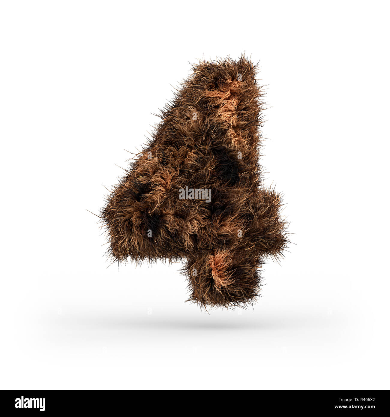 Uppercase fluffy and furry font made of fur texture for poster printing, branding, advertising. Digit four. 3D rendering Stock Photo
