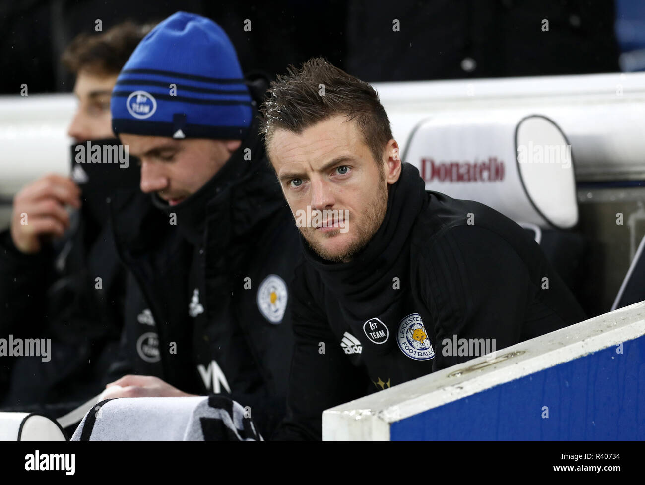 Leicester City's Jamie Vardy on the subsitute's bench before the Premier League match at The Amex Stadium, Brighton. PRESS ASSOCIATION Photo. Picture date: Saturday November 24, 2018. See PA story SOCCER Brighton. Photo credit should read: Gareth Fuller/PA Wire. RESTRICTIONS: No use with unauthorised audio, video, data, fixture lists, club/league logos or 'live' services. Online in-match use limited to 75 images, no video emulation. No use in betting, games or single club/league/player publications. Stock Photo
