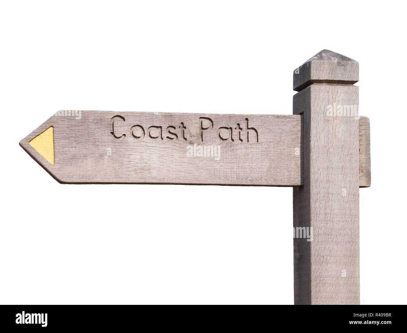 Signpost without route indication on the cornish coast path between Port Quin and Port Isaac in north Cornwall. Isolated object with white background. Stock Photo