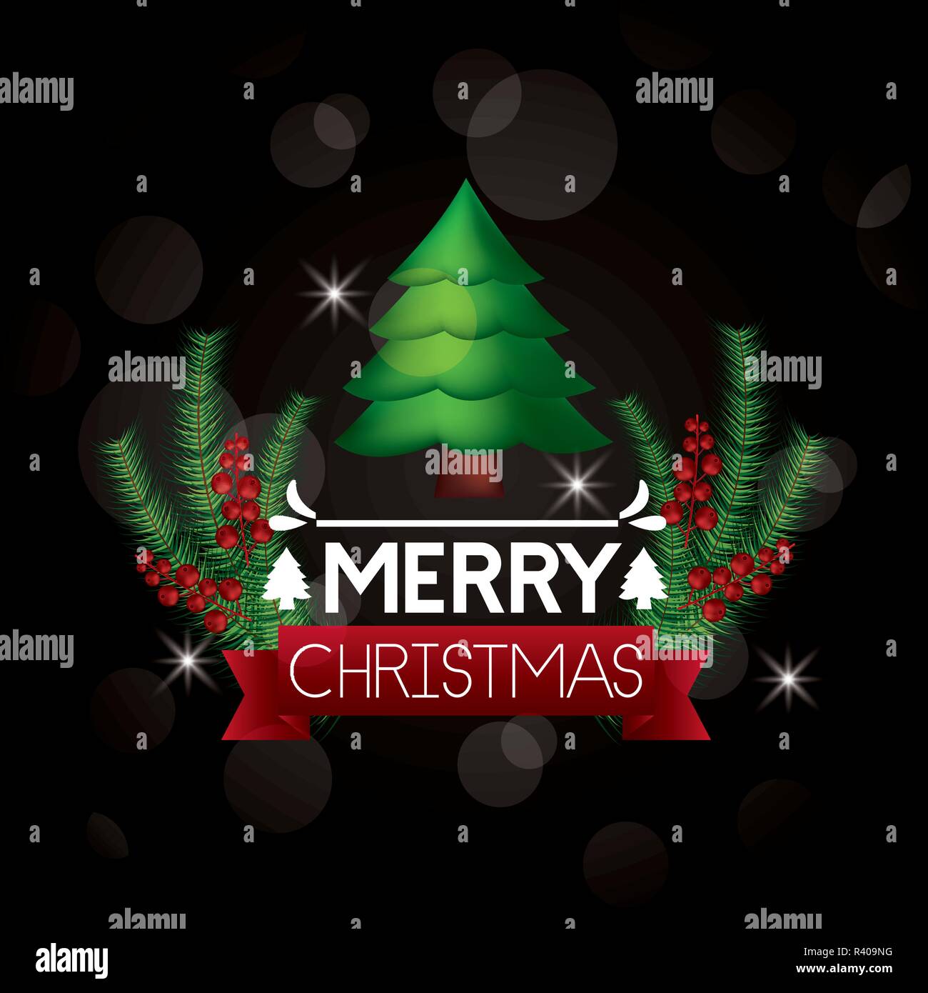 merry christmas tree ribbon sign stars vector illustration Stock Vector